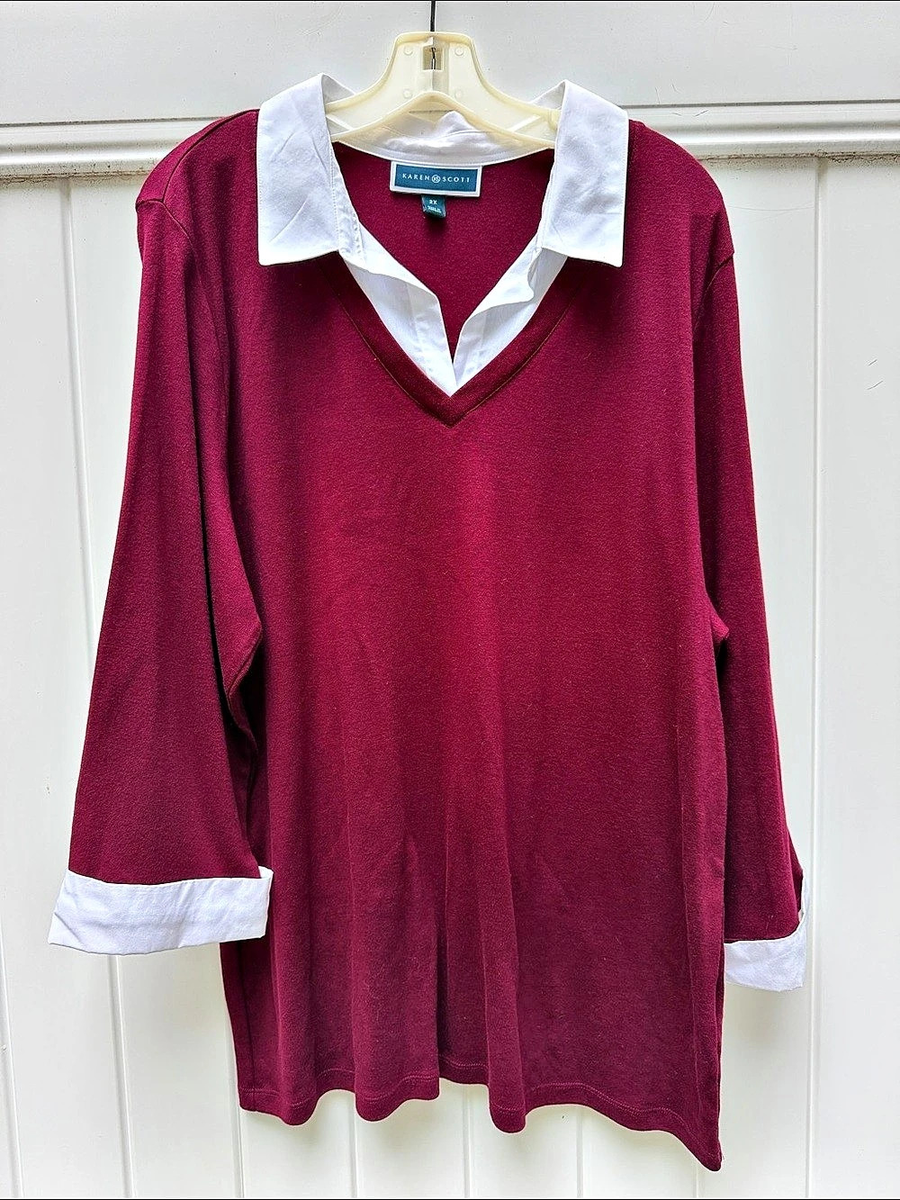 Karen Scott Burgundy White Collar Tunic Size 2X Like New